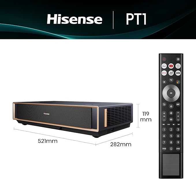 Hisense PT1 Ultra Short Throw Triple Laser Projector, 4K UHD, Google TV, 80'' - 150'', 2500 Lumens, 3000:1 Contrast, IMAX Enhanced, Dolby Vision & Atmos, 3D, 240 High Refresh Rate