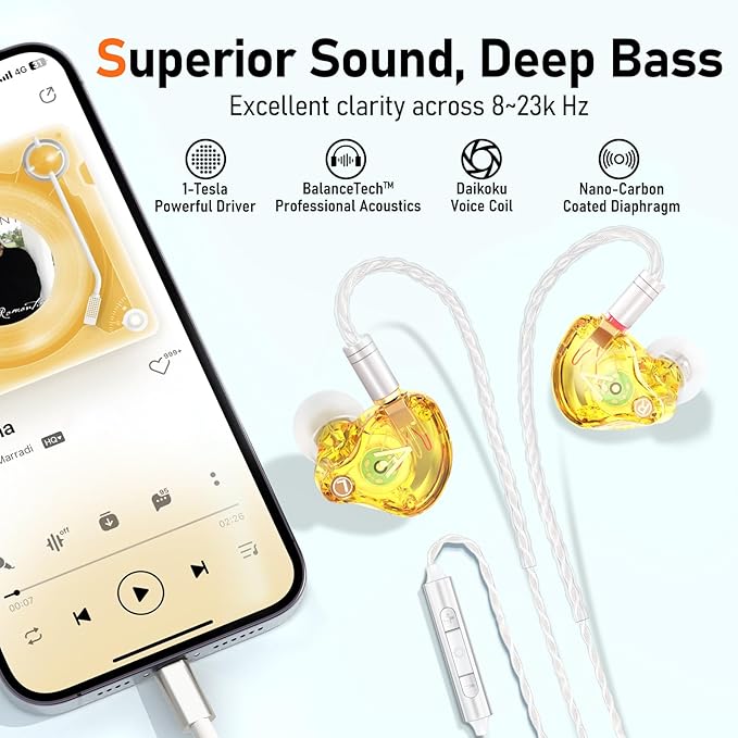 Vibes 202ML Wired Earbuds - HiFi in Ear Headphones - Noise-Isolating Ear Buds w/ Mic - Clear Sound, Deep Bass, Comfort-Fit Earphones - MMCX–Lightning for iPhone 5–14, Silver Plated Cord, Carrying Case