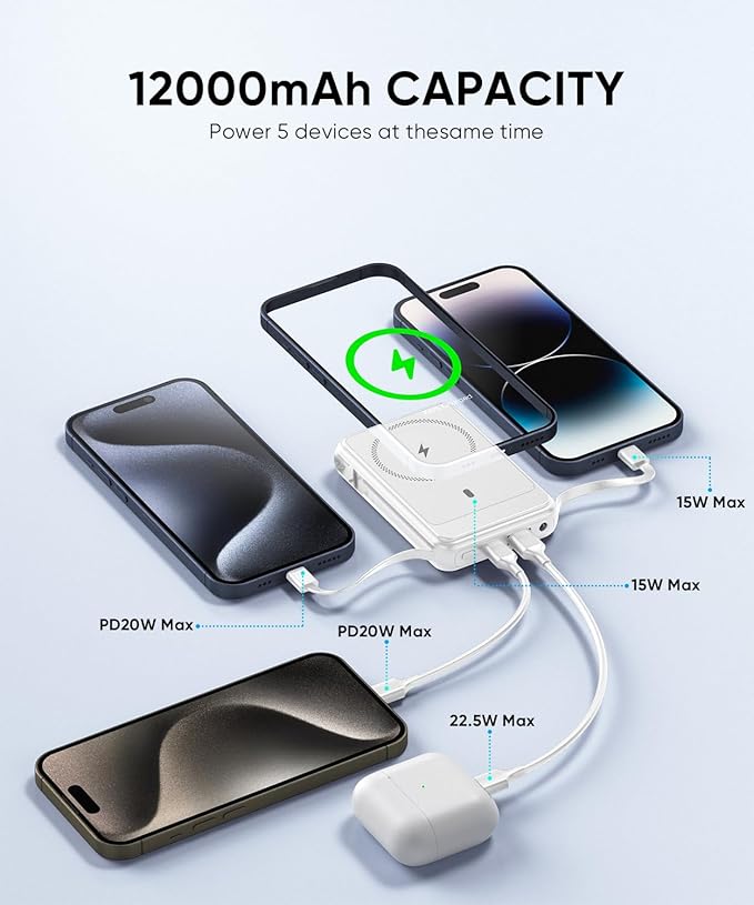 Magnetic Power Bank 12000mAh for Magsafe Portable Charger, 22.5W Fast Charger Wireless Battery Pack with Built in Cables, for iPhone 16/16 Plus/16 Pro/16 Pro Max iPhone 15/14/13/12 Series