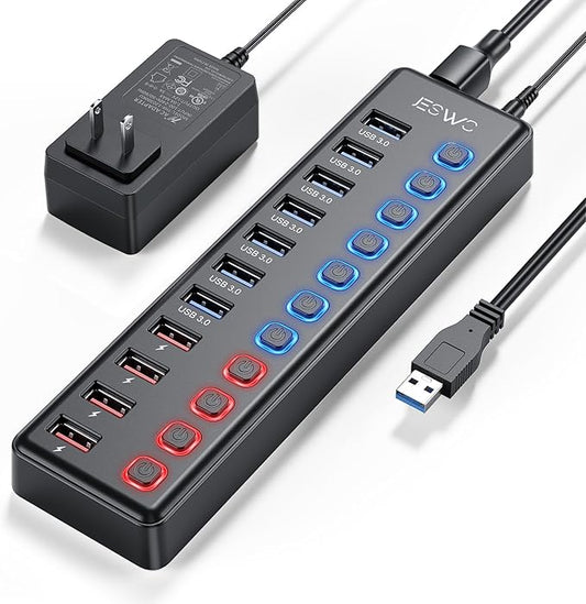 Powered USB Hub, JESWO 11-Port USB 3.0 Hub (7 Data Transfer Ports + 4 Smart Charging Ports) with Individual LED On/Off Switches, USB Hub Powered with 12V/3A Power Adapter for Mac, PC