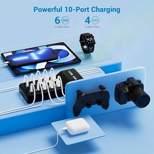 10-Port USB Charger Block - 100W6A4C Multi USB Charging Station for iPhone/iPad/Samsung Galaxy Note Tablet Android Smartphone