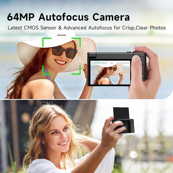 4K Digital Camera for Photography, 64MP Vlogging Video Camera for YouTube with 3'' 180°Flip Screen, 64GB Micro SD Card, 16x Digital Zoom,Point Shoot Compact Travel Vintage Cameras (Black)