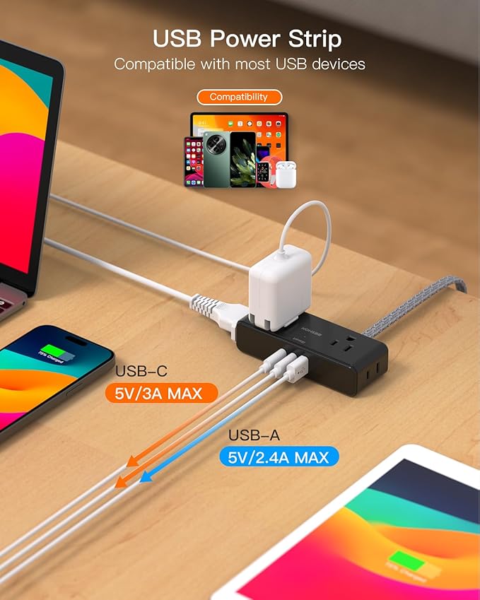 Extension Cord 15 ft, BESHON Flat Plug Power Strip, Long Power Strip, 4 Widely Outlets with 3 USB Ports (2 USB C), Extension Cord with Multiple Outlets for Home, Office, Dorm Room Essentials, Black