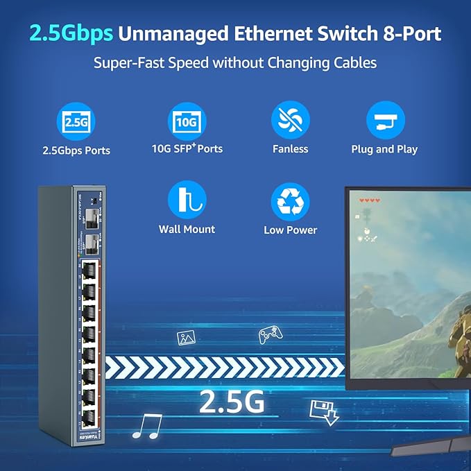 10 Port 2.5G Unmanaged Ethernet Switch, 8 x 2.5G Base-T Ports, 2 x 10G SFP, Compatible with 100/1000/2500Mbps, VLAN, Fanless, Desktop/Wall Mount YuanLey 2.5Gbe Network Switch for Wireless AP, NAS, PC