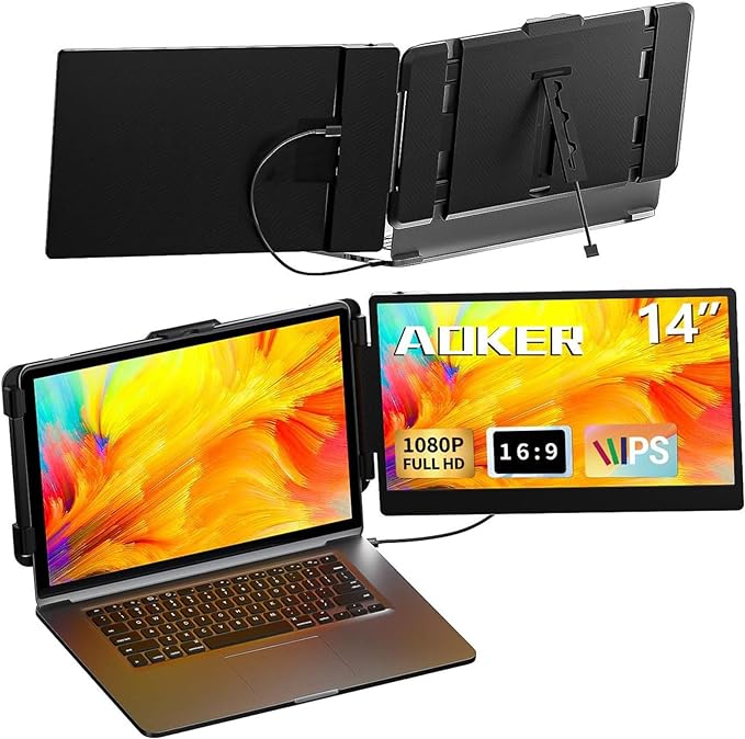 Laptop Screen Extender Monitor - 14 Inch Portable IPS FHD 1080P HDMI/USB-A/Type-C Dual Extended Monitor for Laptops (Maximum Length: 15.94") Compatible with Windows Mac Travel Gaming Work