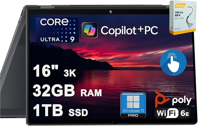 HP OmniBook X Flip 2-in-1 Laptop | 16" 3K OLED 120Hz Touch (100% DCI-P3) | Intel 8-core Ultra 9 288V Up to 48 Tops | 32GB DDR5 1TB SSD | Backlit Poly Studio Win11Pro w/DLCA Accessory Copilot+ AI