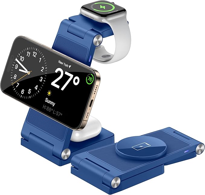 Magnetic Wireless Charger Stand, 3 in 1 Foldable Wireless Charging Station with 20W Adapter, Travel Charger for Multiple Devices for iPhone 17 16 15 14 13 12 Pro/Max/Plus/Mini, iWatch, AirPods