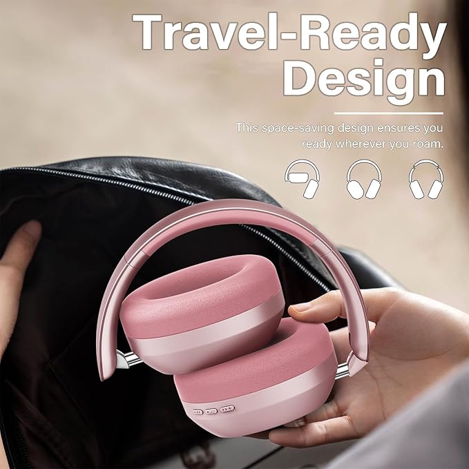 Wentronic Y05 Bluetooth Headphones Wireless Over Ear Noise Cancelling with Microphone 48 Hours Playtime, High Sound Quality Foldable Soft Earpads Earphones for Travel-Pink