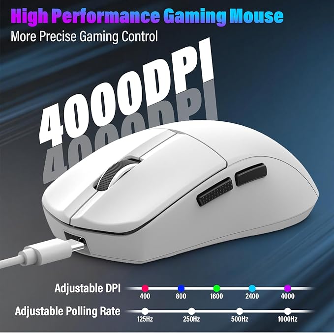 XuanGui Wireless Gaming Mouse,2.4G/BT/USB-C Wired,5-Level DPI 4000 Max,50g Lightweight,1000Hz Polling Rate,Macro Program,Side Buttons,44-Hour Battery Life,For Laptop/PC/Computer/Mac/Tablet (White-1)