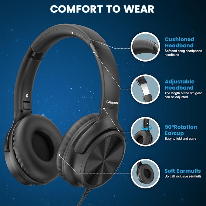 Over Ear Headphones Wired, 3.5mm Foldable Wired Headphones with Microphone, Volume Control, HD Stereo Sound, Lightweight Headphones for Adult/Teens/Chromebooks/Laptop/Computer/Tablets, Black