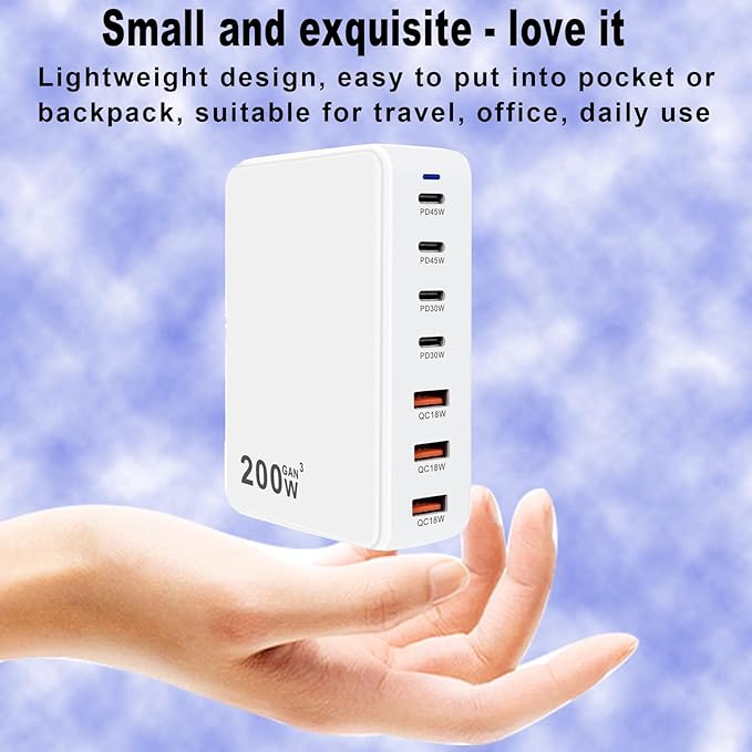 USB Fast Charger Block 200W usbc Charging Block, Upgraded GaN 7-Port Fast Charging Station Hub, USB-C Laptop Charger Adapter, Compatible with MacBookAir/Pro, DELL, iPhone16/15, iPad, Steam (White)