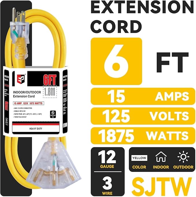 EP 6 Ft 12 Gauge Heavy Duty Extension Cord, 15A 125V 1875W, 3 Outlet Indoor/Outdoor Power Cord with Lighted End, 12/3 SJTW Weatherproof Yellow, UL Listed