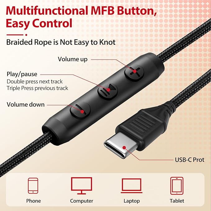 INFURTURE USB C Headphones with Mic,Volume Control,Tangle-Free Plaiting Line,Type C Headphones Wired,Lightweight Foldable for iPhone 15/16 Headphone Series/Tablet/School/Travel/Sports/Audiobooks