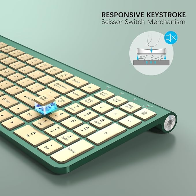 JOYACCESS Slim Compact Wireless Keyboard - Full-Size Silent Keys & Ergonomic Design, Number Pad & Dustproof Cover for Windows/Mac - Emerald Green