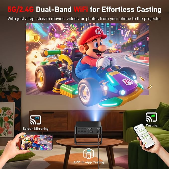 [Ultra-Slim 1.97"| Netflix Licensed | AI Auto Focus | 360° Stand] Smart Mini Projector with WiFi 6 & Bluetooth, Built-in Netflix/YouTube/Disney+/Hulu, DBPOWER N5 Movie Projector for Bedroom (Black)
