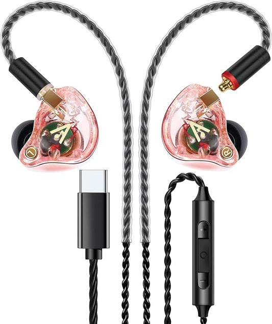 Vibes 202 Wired Earbuds, HiFi in Ear Monitor Headphones, Noise Isolating Ear Buds w/Mic, Deep Bass & Comfort-Fit Earphones, Silver Plated Cord, Carrying Case, USB C, Pink