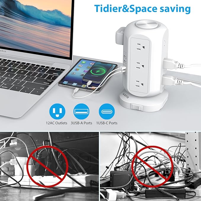15 ft Long Extension Cord Power Strip Tower,AOFO Surge Protector 12 AC Outlets 4 USB(1 USB C) Ports, Charging Tower Overload Protection with Multiple Outlets for Home Dorm Office
