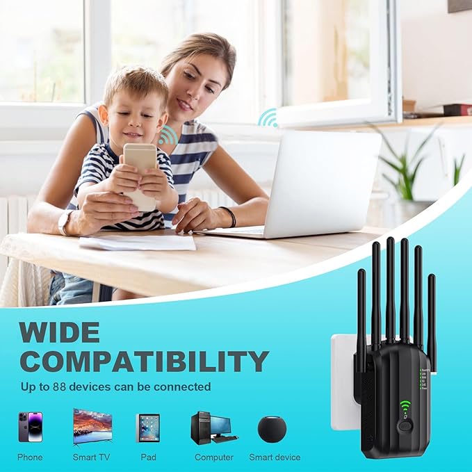 WiFi Extender,WiFi Extender Signal Booster for Home Covers up to 10000 sq.ft & 88+ Devices, New 6X Faster Wireless WiFi Repeater with Ethernet Port, WiFi Booster Compatible with All Routers (Black)