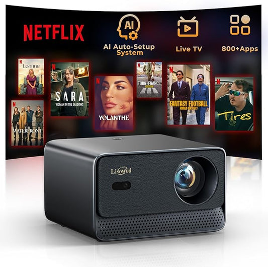 Projector with WiFi and Bluetooth, Mini-Projector: [Netflix-Licensed & AI Auto-Setup System & Live TV & 900ANSI & 600+Apps & Dolby Audio], Lisowod L03Pro 1080P Smart Portable-Outdoor-Movie Projector