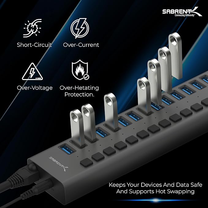 SABRENT 16-Port USB 3.0 Data Hub and Charger with Individual Power Switches, 90W High-Power Output (HB-PU16)
