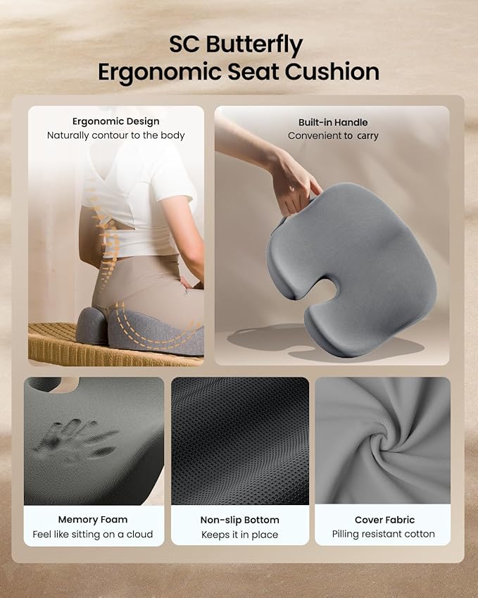 ProtoArc Seat Cushion, Office Chair Cushion for Sciatica, Coccyx Cushion, Ergonomic Memory Foam Seat Cushion for Car, Home, Pressure Relief Pad for Hip, Tailbone, All Day Comfort - Gray