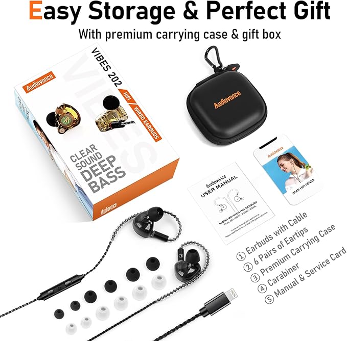 Vibes 202ML Wired Earbuds - HiFi in Ear Headphones - Noise-Isolating Ear Buds w/ Mic - Clear Sound, Deep Bass, Comfort-Fit Earphones - MMCX–Lightning for iPhone 5–14, Silver Plated Cord, Carrying Case