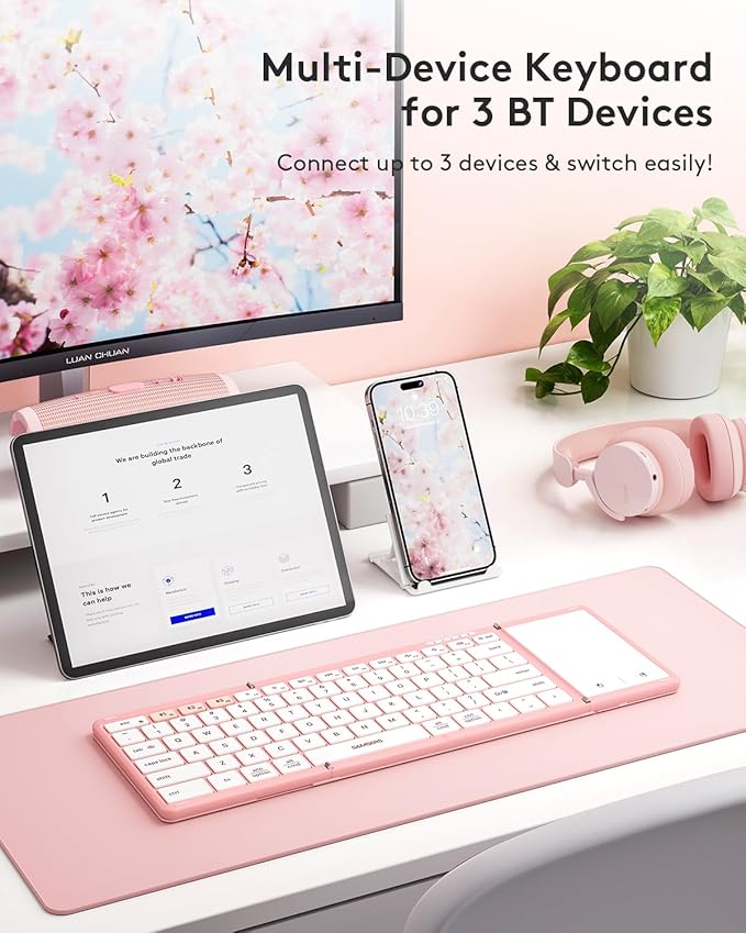 Samsers Foldable Bluetooth Keyboard with Touchpad, Full-Size Wireless Portable Travel Folding Keyboard for iOS Android Windows Mac OS, Support 3 Devices (BT5.1 x 3), Pink