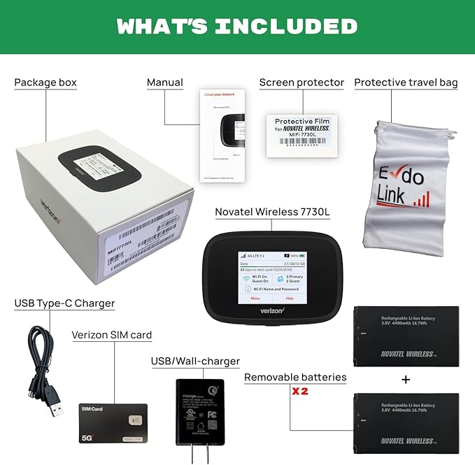 Verizon Wireless Jetpack Inseego MiFi 7730L | Mobile Hotspot for Travel | 4G Mobile Portable WiFi | Unlocked Globally | Speed up to 450 Mbps | Usage Up to 8 Hours | EVDO-LINK Bundle - Verizon Sim Card