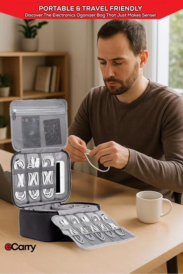 Electronics Organizer Case - Multi-Layer Full Flat Opening With Compartments and Pockets - Cord Organizer for Accessories, Cables, Electronics Travel