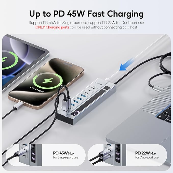 9-in-1 USB 3.2 Data Hub, Power Adapter NOT Included, Powered USB C Hub with 3 x USBC 10Gbps, 4 x USBA 5Gbps and 2 x 24/45W Type-C PD Charging Ports USB Hub