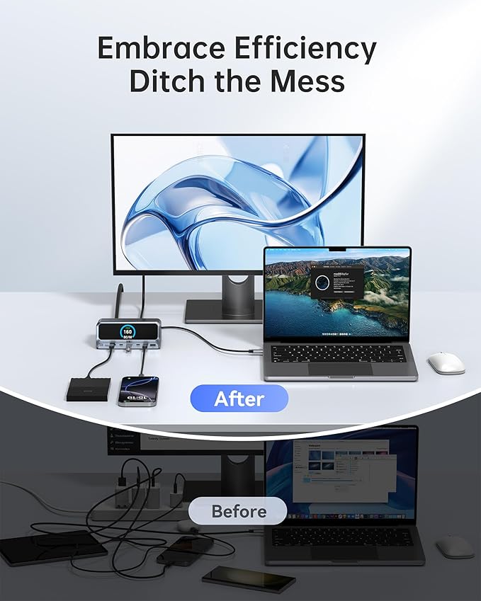 Selore Docking Station,13 in 1 Laptop Docking Station Dual Monitor with 160W Max Output, 2.26" LCD Display, Dual 4K HDMI, 10Gbps USB A/C Ports, Gigabit Ethernet, 100W PD for Dell, HP, Lenovo and More