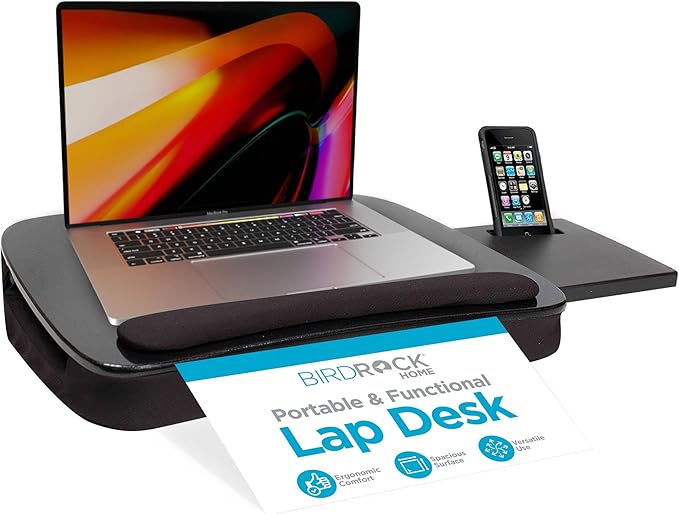 SOFIA + SAM Multi-Tasking Lap Desk with Memory Foam Cushion & Wrist Rest - Portable Computer Bed Tray - Fits Laptops Up to 15", Tablets Up to 9.6", Smartphones Up to 3.5" - Black Top
