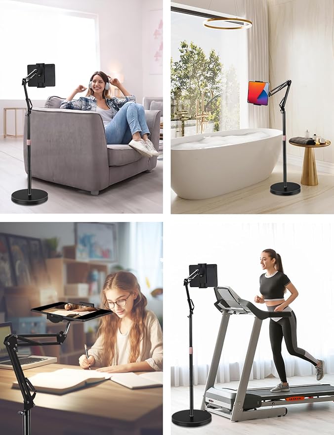 Tablet Floor Stand, Overhead Bed Phone Stand with 8.8 lb Super Stable Base & Angle/Height Adjustable, Compatible with 4.5''-13'' iPhone, iPad Pro 12.9, Galaxy Tab, Kindle, Phones