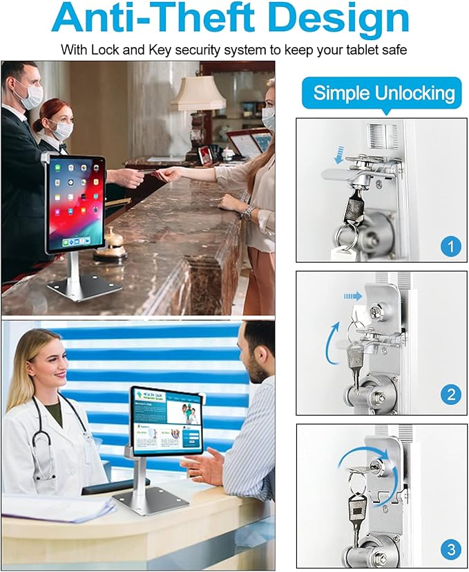 woleyi Anti-Theft Desktop Tablet Kiosk Stand Holder, Heavy Duty Countertop Tablet POS Display Mount with Security Lock and Key, Compatible with iPad Pro/Air/Mini, Galaxy Tabs, More 7-11" Tablets