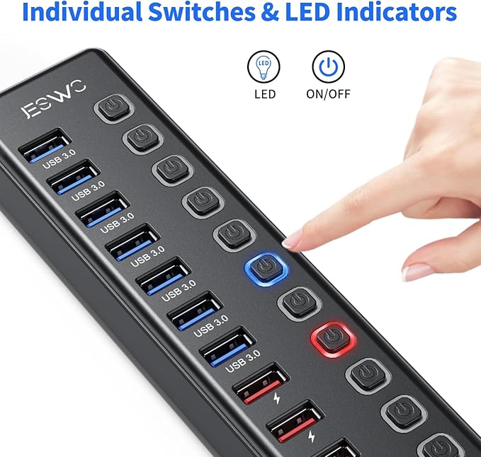 Powered USB Hub, JESWO 11-Port USB 3.0 Hub (7 Data Transfer Ports + 4 Smart Charging Ports) with Individual LED On/Off Switches, USB Hub Powered with 12V/3A Power Adapter for Mac, PC