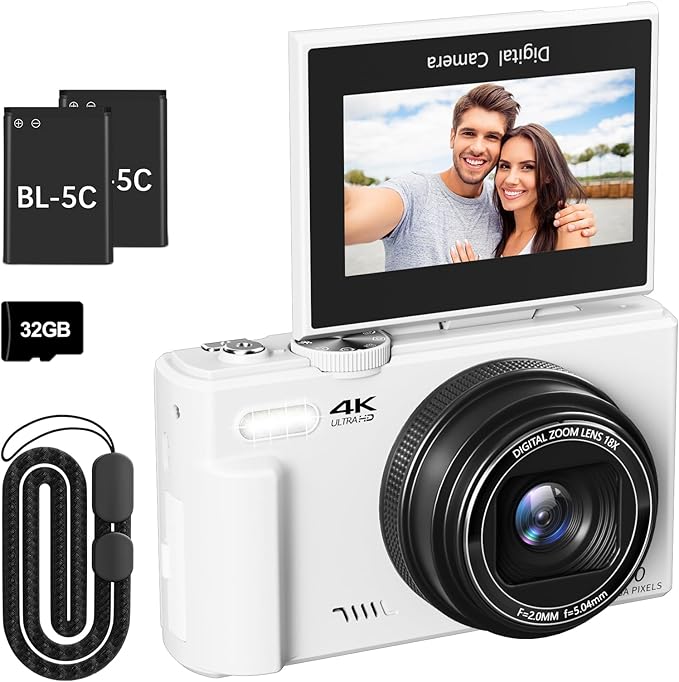 4K Digital Camera for Photography, 64MP Vlogging Camera for YouTube with 3" 180° Flip Screen, 18X Digital Zoom Point and Shoot Camara with 32GB Micro SD Card for Beginner (White)