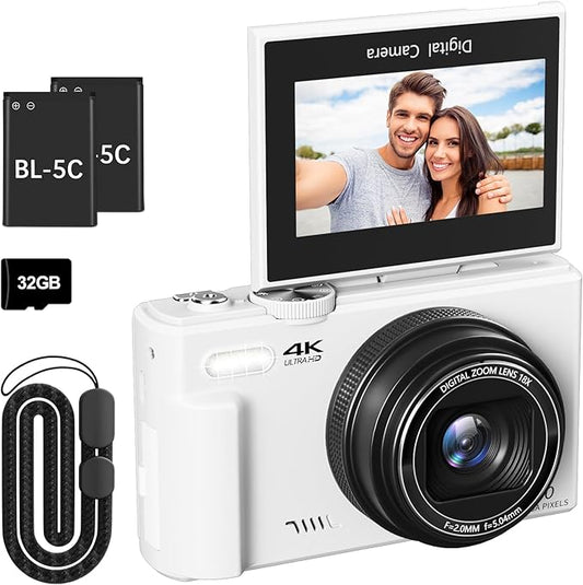 4K Digital Camera for Photography, 64MP Vlogging Camera for YouTube with 3" 180° Flip Screen, 18X Digital Zoom Point and Shoot Camara with 32GB Micro SD Card for Beginner (White)