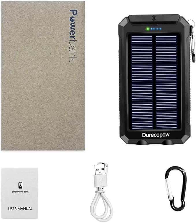 Solar Charger Power Bank, 20000mAh Portable Outdoor Waterproof Solar Battery Charger, Camping External Backup Battery Pack USB C Ports Input/Output, 2 Led Light Flashlight with Compass (Black)