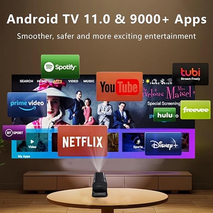 E110 Projector, Android 11, Portable Projector with WiFi 6 and Bluetooth, Electric Focus, Full HD 1080P, Compatible with HDMI/USB/AV/Smartphone/TV Box/Laptop