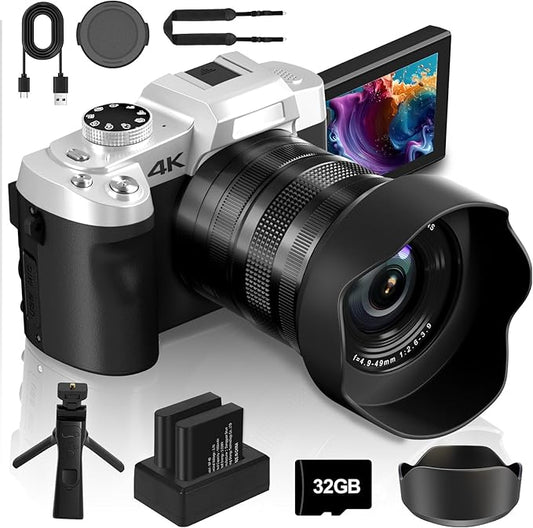 4K 75MP Digital Camera for Photography, Camera for Vlogging, 10X Optical Zoom, Auto Focus, WiFi, 3" Flip Touchscreen, 2 Batteries, Lens Hood, Tripod, Remote & Strap