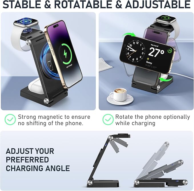 Magnetic Wireless Charger Stand, 3 in 1 Foldable Wireless Charging Station with 20W Adapter, Travel Charger for Multiple Devices for iPhone 17 16 15 14 13 12 Pro/Max/Plus/Mini, iWatch, AirPods