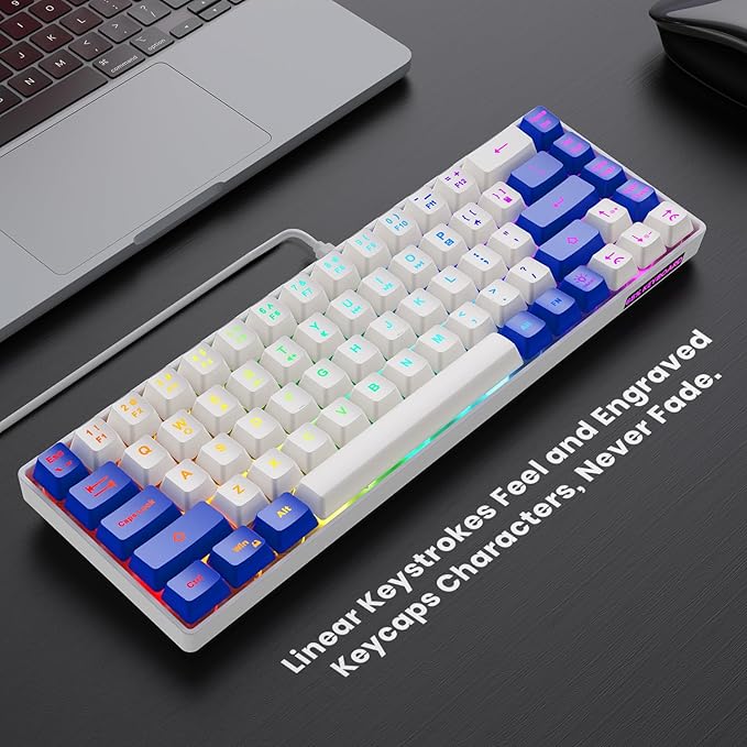65% Gaming Keyboard, LED Backlit Mini Wired Keyboard, Ultra-Compact Anti-Ghosting No-Conflict 68 Keys Membrane Gaming Wired Keyboard for PC Laptop Windows Gamer(White-Blue)