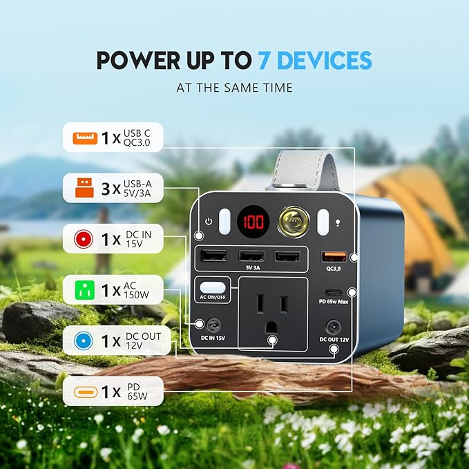 150W Portable Power Station, 42000mAh/155Wh Power Bank with AC Outlet, Dual Way 65W PD/USB-C Port, Laptop Charger for Outdoor Camping Home Emergency Outage