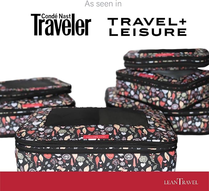 LeanTravel Compression Packing Cubes for Travel Organizers with Double Zipper (6-Pack (2L+2M+2S), Flowers & Leaves)