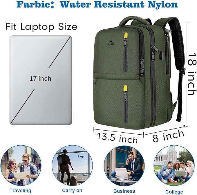 MATEIN Carry on Travel Laptop Backpack, Large Flight Approved Personal Item Travel Backpack with USB Charge Port & Shoe Compartment, Water Resistant Weekender Overnight Bag Fit 17 Inch Laptop, Green