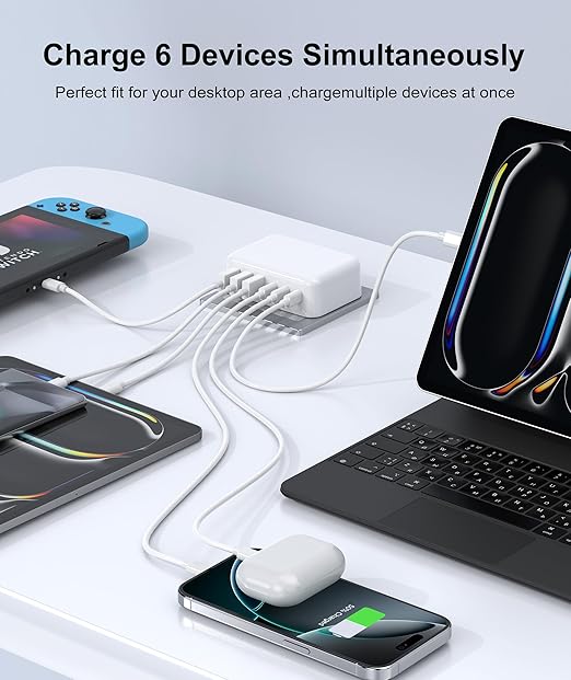 Fast Charger Block, GaN 6 Port USB C Charging Station Hub Cube, 100W Multiport Type C Wall Charger Power Strip Plug with PD 3.0+QC for iPhone13 14 15 16 17 Pro Max XR XS 8 7, Samsung, iPad, Table