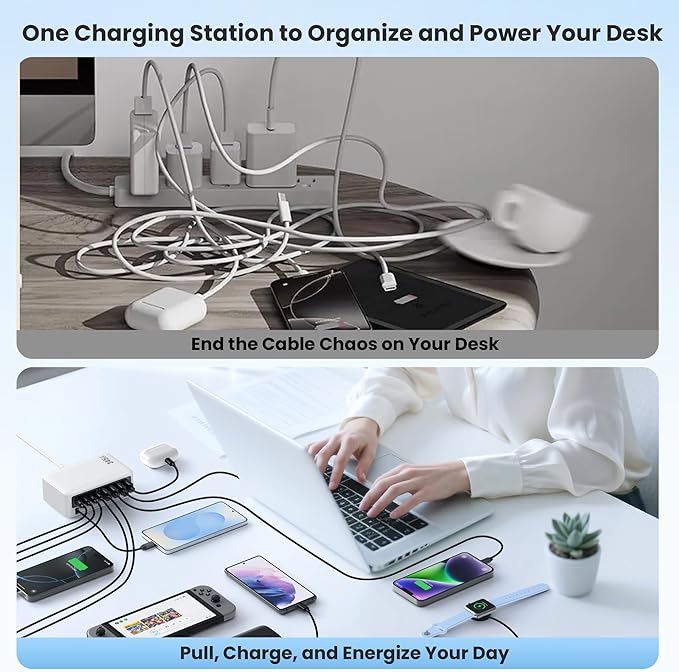 345W USB C Charger Block with 2 Built-in Retractable Cables,10-in-1 GaN IV USB C Charging Station,PD 65W Laptop Charger Power Adapter for MacBook Pro/Air,DELL,iPhone16/15/14,Galaxy S24,Android