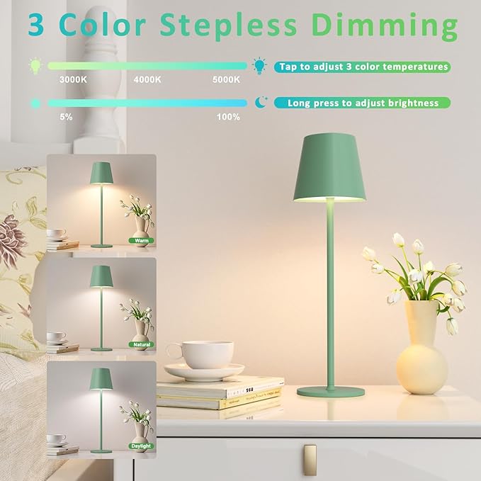 Kakanuo Green Cordless Table Lamps, Rechargeable Lamp, Battery Operated Lamps, Touch Control Table Lamps, 3 Color Temperature, Stepless Dimmable, LED Portable Wireless Battery Lamp, Set of 2