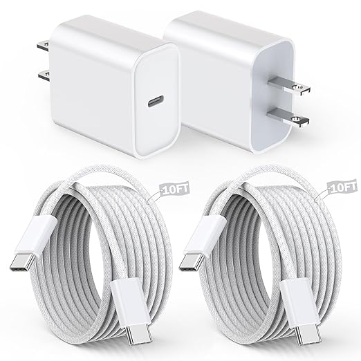 10FT iPhone 16 Charger Fast Charging,Apple Fast Charger 2Pack USB C Charger Block PD Type C Wall Adapter with 10Foot USB C to USB C Braid Woven Cable Charging for iPhone 16/16 Pro/16 Pro Max/15/iPad