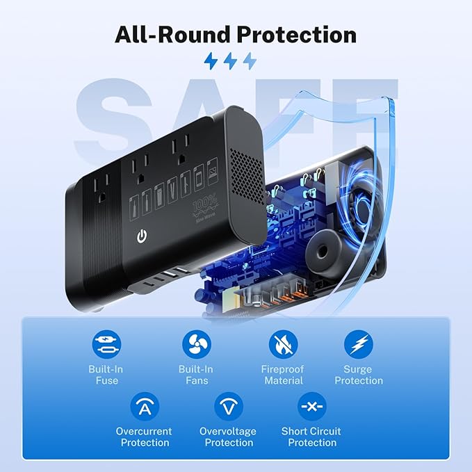 DOACE 500W Pure Sine Wave Voltage Converter, 220V to 110V European Travel Plug Adapter Converter, International Travel Transformer for US to Most Europe，UK, AU, EU, IT with 3 US Outlets & 4 USB, BLACK